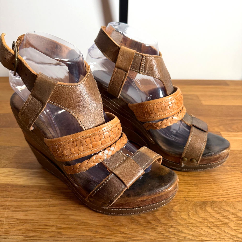 Bed Stu Jaslyn Braided Leather Platform Wedge Sandals Women's 8.5 Tan Brown Boho